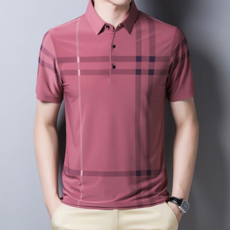 Casual stripe lapel short sleeve top men's t-shirt